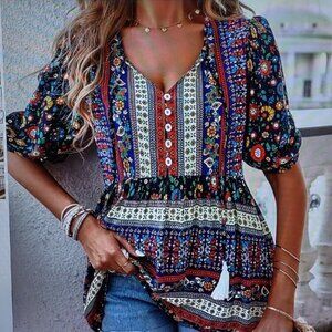 VERY CUTE WOMEN SHEIN PEASANT BOHO HIPPIE TUNIC SZ M